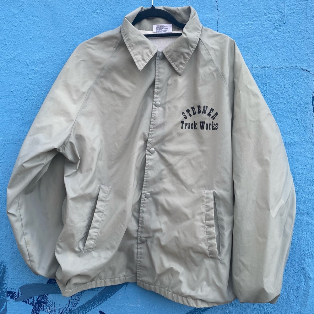 Vintage trucker windbreaker jacket, grey and black, Stebner Truck Works, size XL